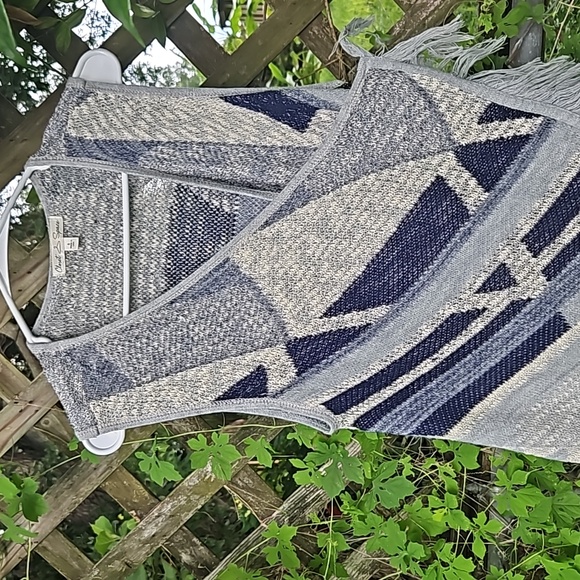Shades of Blue Bohemian Style Open Front Knit Fringed Long Vest Top Small - Picture 5 of 13